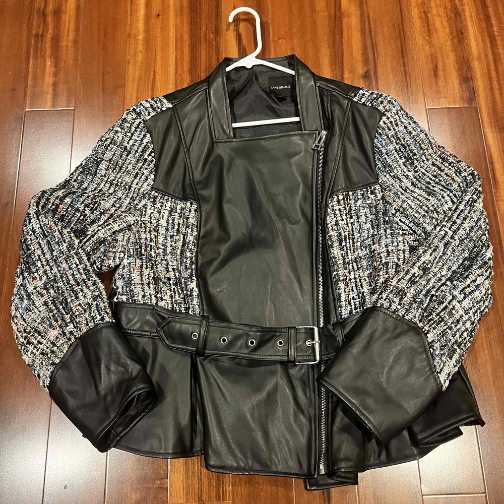New Lane Bryant Black Faux Leather & Tweed Collarless Moto Jacket Size 18‎ 20